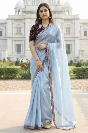 Sky color plain with contrast matching embroidered lace premium fendy silk saree with unstitched blouse