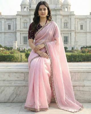 Pink color plain with contrast matching embroidered lace premium fendy silk saree with unstitched blouse 4