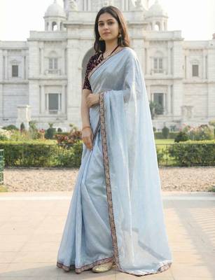 Sky color plain with contrast matching embroidered lace premium fendy silk saree with unstitched blouse 3