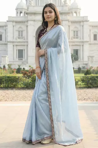Sky color plain with contrast matching embroidered lace premium fendy silk saree with unstitched blouse