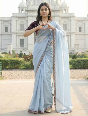Sky color plain with contrast matching embroidered lace premium fendy silk saree with unstitched blouse 4