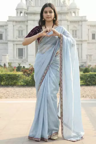 Sky color plain with contrast matching embroidered lace premium fendy silk saree with unstitched blouse