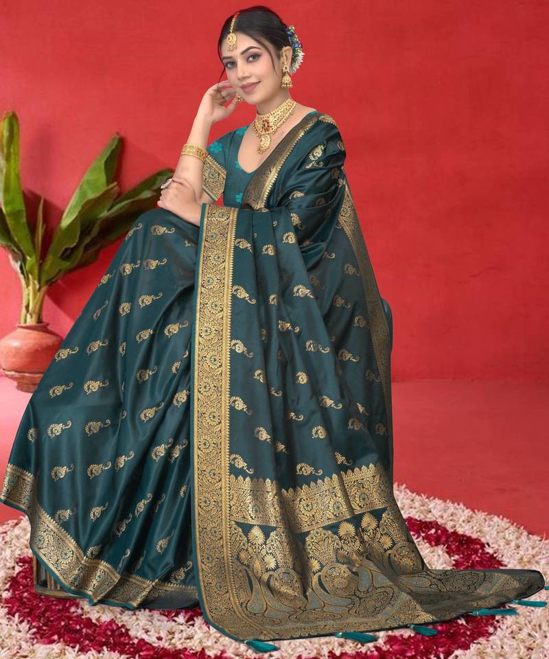 Luxury Satin Silk Saree with Heavy Gold Zari Woven Border & Rich Pallu | Wedding & Festive Wear