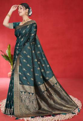 Luxury Satin silk blend Saree with Heavy Gold Zari Woven Border & Rich Pallu | Wedding & Festive Wear 2