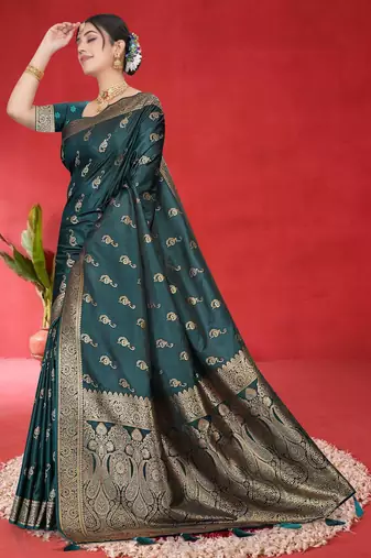 Luxury Satin silk blend Saree with Heavy Gold Zari Woven Border & Rich Pallu | Wedding & Festive Wear