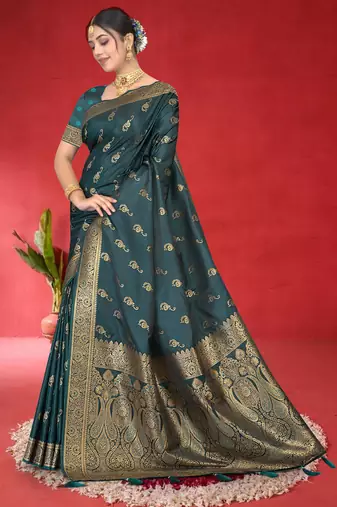 Luxury Satin silk blend Saree with Heavy Gold Zari Woven Border & Rich Pallu | Wedding & Festive Wear