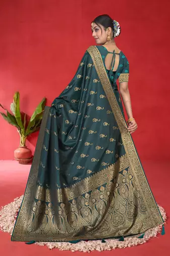 Luxury Satin silk blend Saree with Heavy Gold Zari Woven Border & Rich Pallu | Wedding & Festive Wear