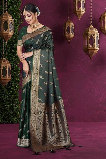 Luxury Satin Silk Saree with Heavy Gold Zari Woven Border & Rich Pallu | Wedding & Festive Wear