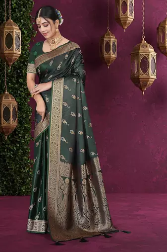 Luxury Satin Silk Saree with Heavy Gold Zari Woven Border & Rich Pallu | Wedding & Festive Wear