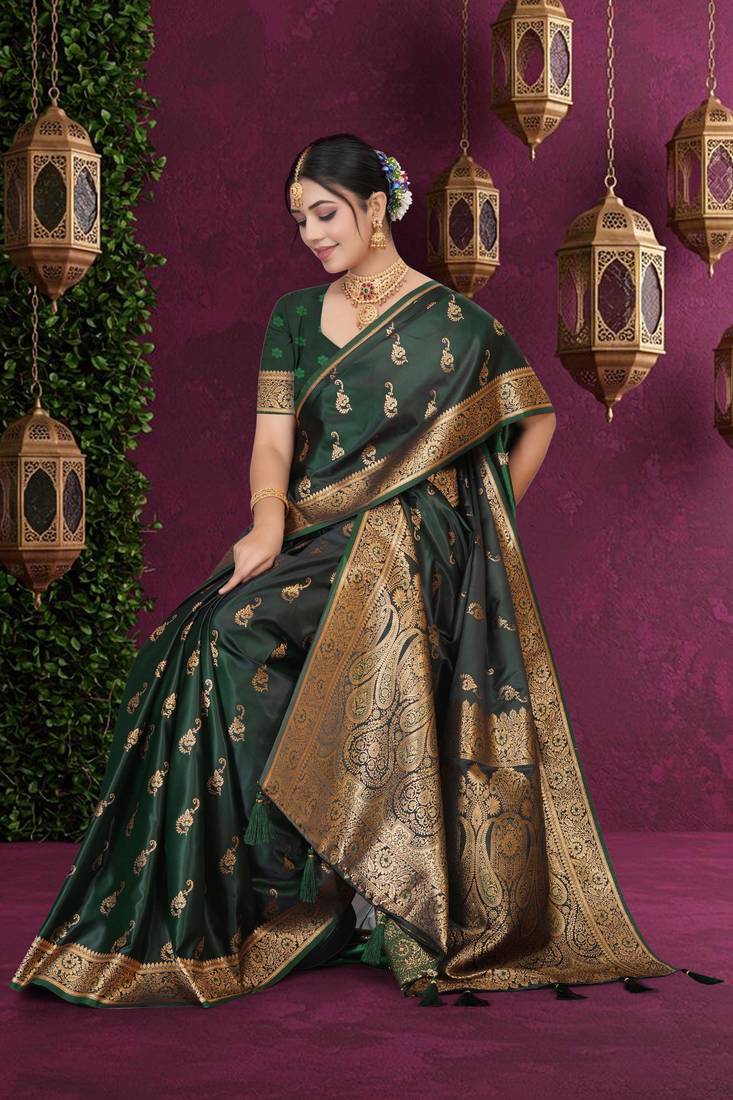 Luxury Satin Silk Saree with Heavy Gold Zari Woven Border & Rich Pallu | Wedding & Festive Wear