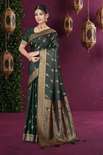 Luxury Satin silk blend Saree with Heavy Gold Zari Woven Border & Rich Pallu | Wedding & Festive Wear