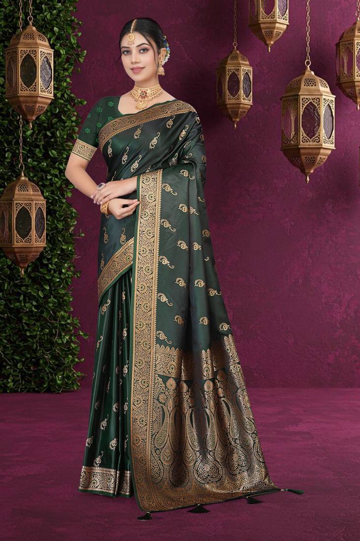 Luxury Satin Silk Saree with Heavy Gold Zari Woven Border & Rich Pallu | Wedding & Festive Wear