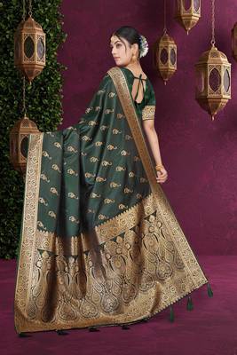 Luxury Satin silk blend Saree with Heavy Gold Zari Woven Border & Rich Pallu | Wedding & Festive Wear 4