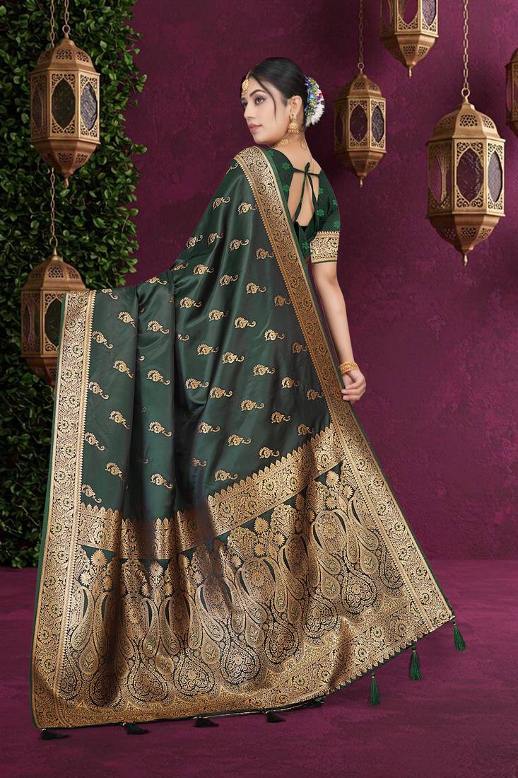 Luxury Satin Silk Saree with Heavy Gold Zari Woven Border & Rich Pallu | Wedding & Festive Wear