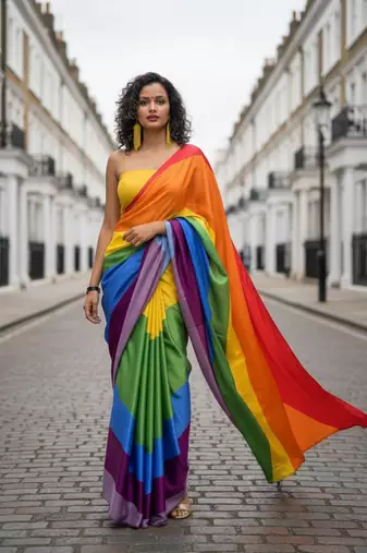 Multicolor all over colorful printed japan satin saree with unstitched blouse