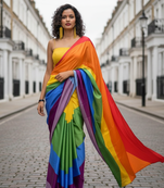 Multicolor all over colorful printed japan satin saree with unstitched blouse