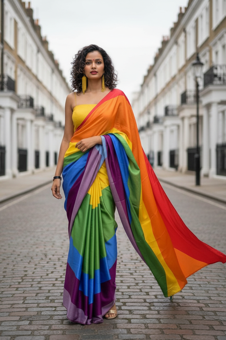 Multicolor all over colorful printed japan satin saree with unstitched blouse