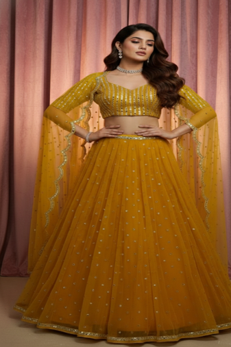 Royal Mustard Yellow Net Lehenga Choli Set with sequins & foil mirror border work Dupatta