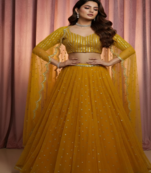 Royal Mustard Yellow Net Lehenga Choli Set with sequins & foil mirror border work Dupatta