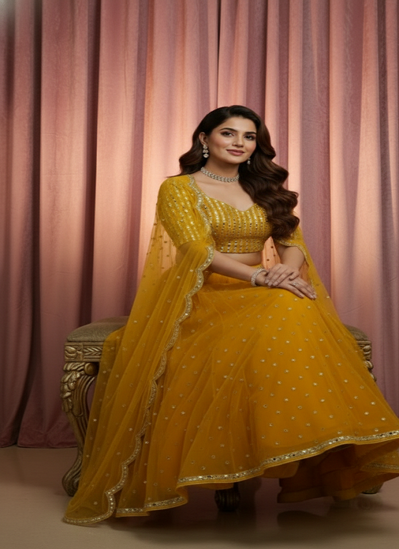 Royal Mustard Yellow Net Lehenga Choli Set with sequins & foil mirror border work Dupatta