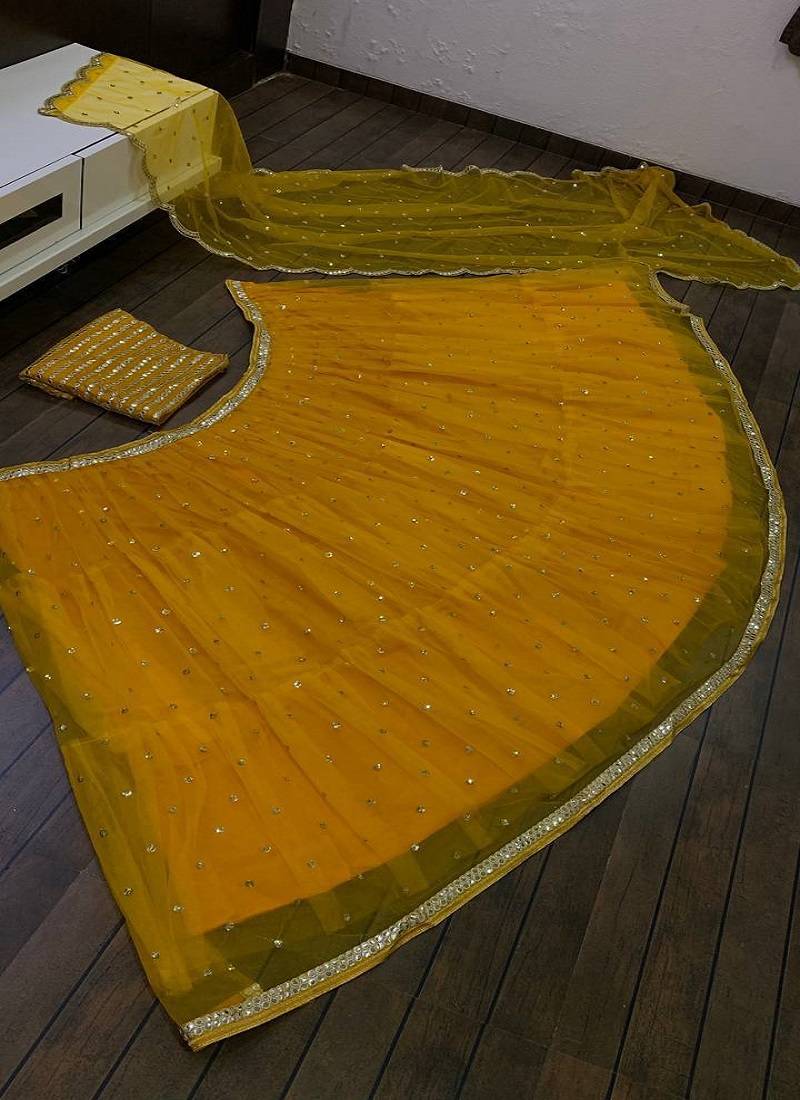Royal Mustard Yellow Net Lehenga Choli Set with sequins & foil mirror border work Dupatta