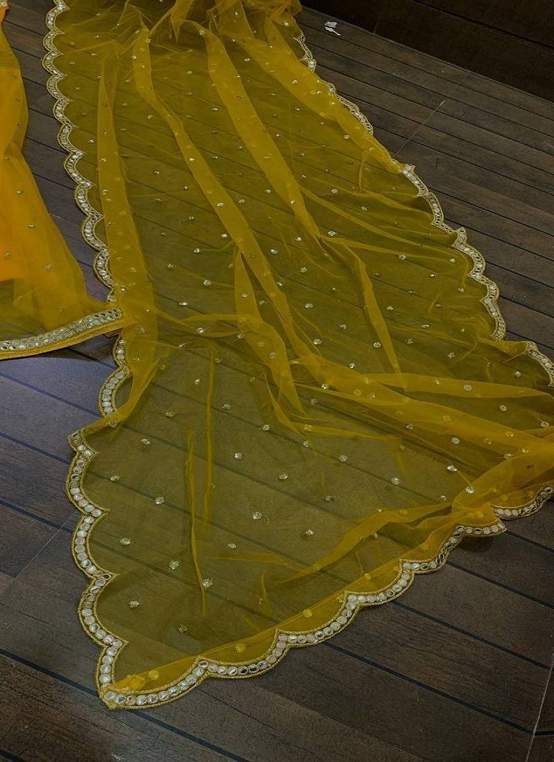 Royal Mustard Yellow Net Lehenga Choli Set with sequins & foil mirror border work Dupatta