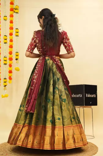 Beautiful South Indian Style Semi-Stitched Half Saree with Blouse and Dupatta for Women