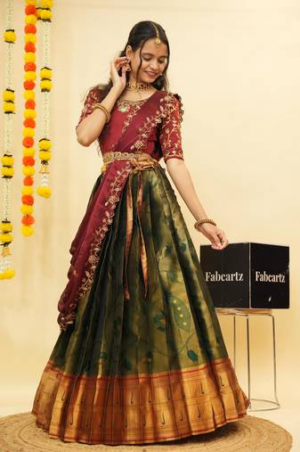 Beautiful South Indian Style Semi-Stitched Half Saree with Blouse and Dupatta for Women