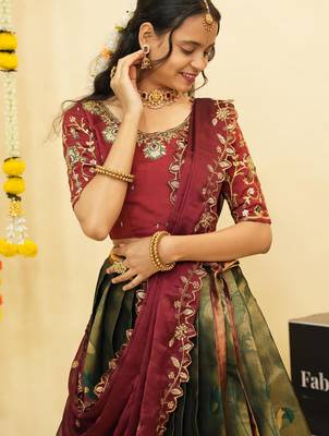 Beautiful South Indian Style ed Half Saree with Blouse and Dupatta for Women 3