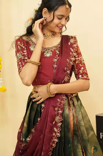 Beautiful South Indian Style Semi-Stitched Half Saree with Blouse and Dupatta for Women