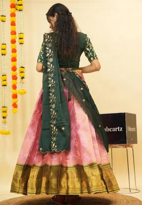 Beautiful South Indian Style Semi-Stitched Half Saree with Blouse and Dupatta for Women 1