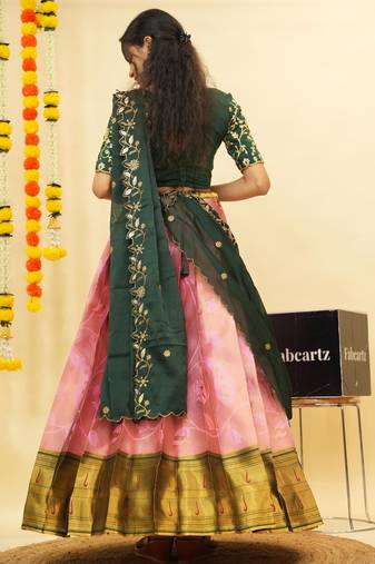 Beautiful South Indian Style Semi-Stitched Half Saree with Blouse and Dupatta for Women