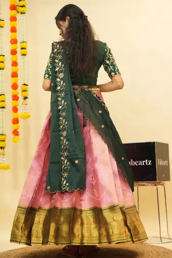 Beautiful South Indian Style Semi-Stitched Half Saree with Blouse and Dupatta for Women