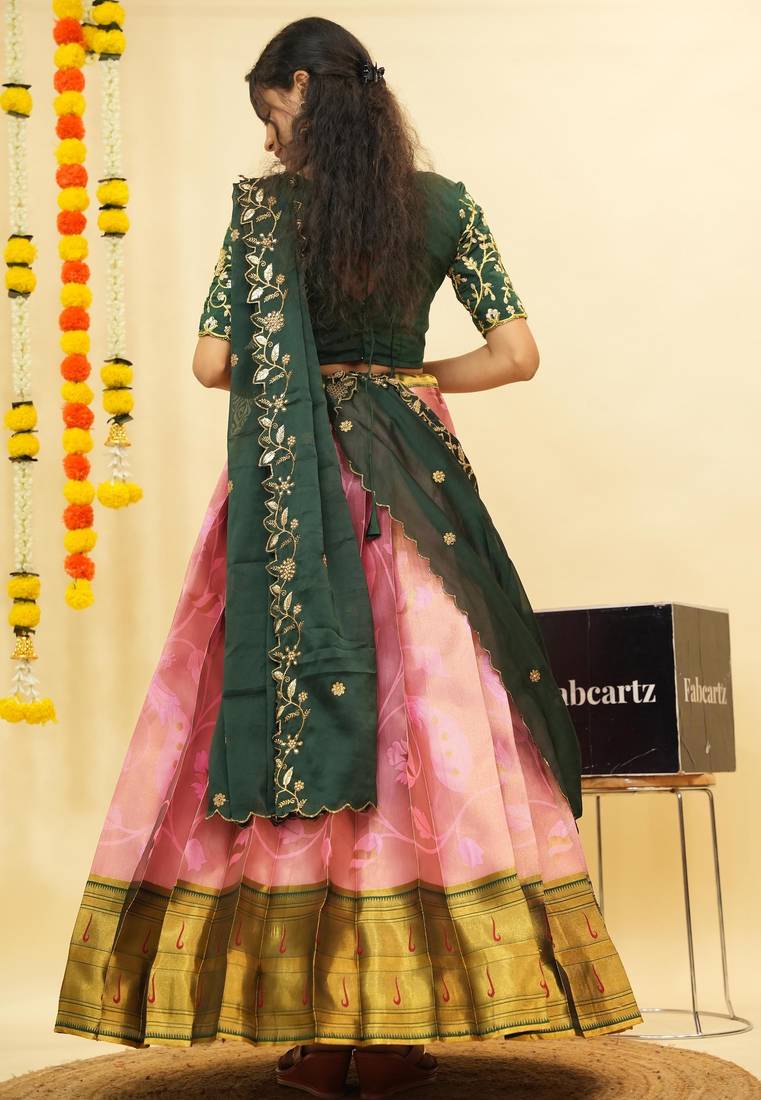 Beautiful South Indian Style Semi-Stitched Half Saree with Blouse and Dupatta for Women