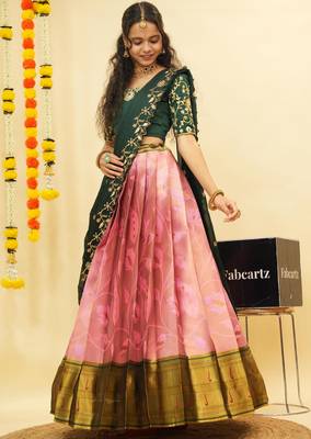 Beautiful South Indian Style Semi-Stitched Half Saree with Blouse and Dupatta for Women 2
