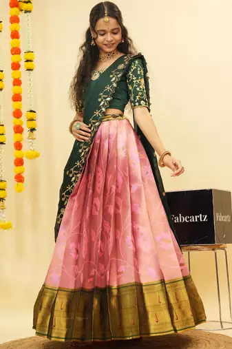 Beautiful South Indian Style Semi-Stitched Half Saree with Blouse and Dupatta for Women