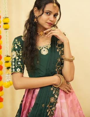 Beautiful South Indian Style Semi-Stitched Half Saree with Blouse and Dupatta for Women 3