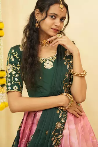 Beautiful South Indian Style Semi-Stitched Half Saree with Blouse and Dupatta for Women