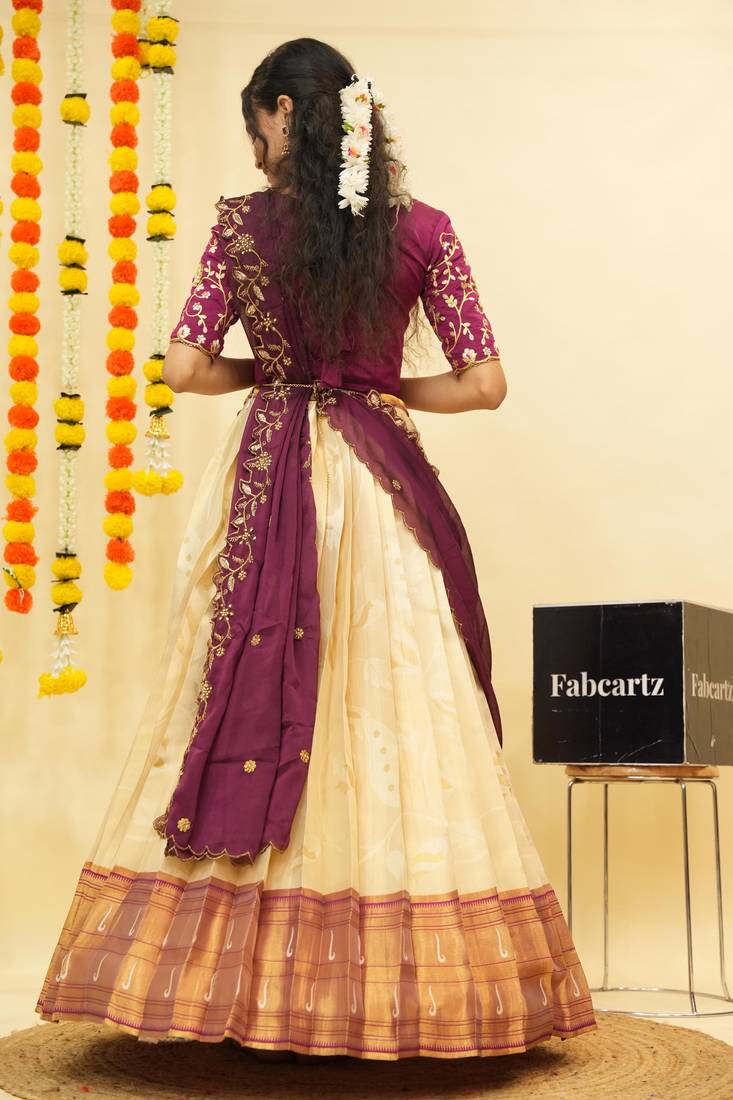 Beautiful South Indian Style Semi-Stitched Half Saree with Blouse and Dupatta for Women