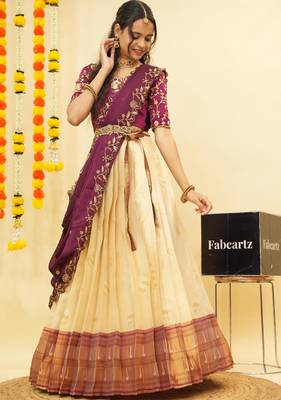 Beautiful South Indian Style Semi-Stitched Half Saree with Blouse and Dupatta for Women 1