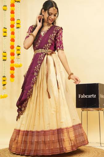Beautiful South Indian Style Semi-Stitched Half Saree with Blouse and Dupatta for Women