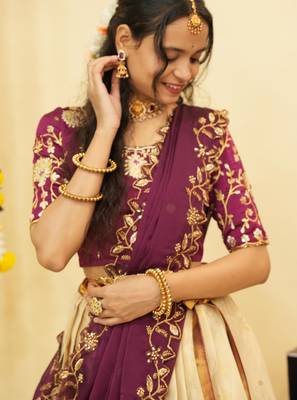 Beautiful South Indian Style Semi-Stitched Half Saree with Blouse and Dupatta for Women 3