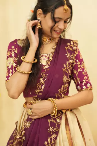 Beautiful South Indian Style Semi-Stitched Half Saree with Blouse and Dupatta for Women