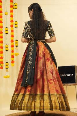 Beautiful South Indian Style Semi-Stitched Half Saree with Blouse and Dupatta for Women 1