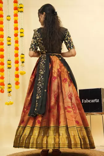 Beautiful South Indian Style Semi-Stitched Half Saree with Blouse and Dupatta for Women