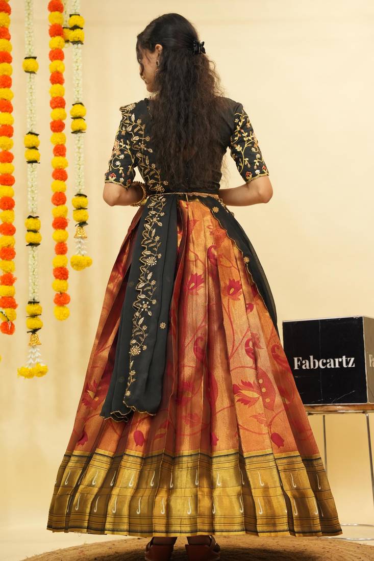 Beautiful South Indian Style Semi-Stitched Half Saree with Blouse and Dupatta for Women