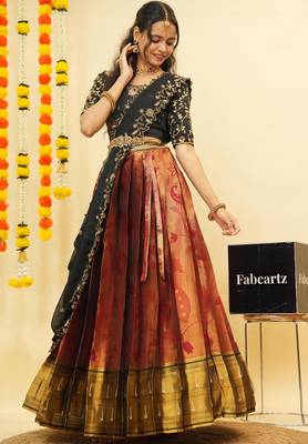 Beautiful South Indian Style Semi-Stitched Half Saree with Blouse and Dupatta for Women 2