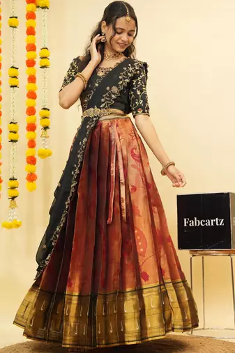 Beautiful South Indian Style Semi-Stitched Half Saree with Blouse and Dupatta for Women