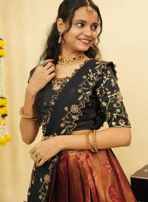 Beautiful South Indian Style Semi-Stitched Half Saree with Blouse and Dupatta for Women 3