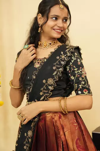Beautiful South Indian Style Semi-Stitched Half Saree with Blouse and Dupatta for Women